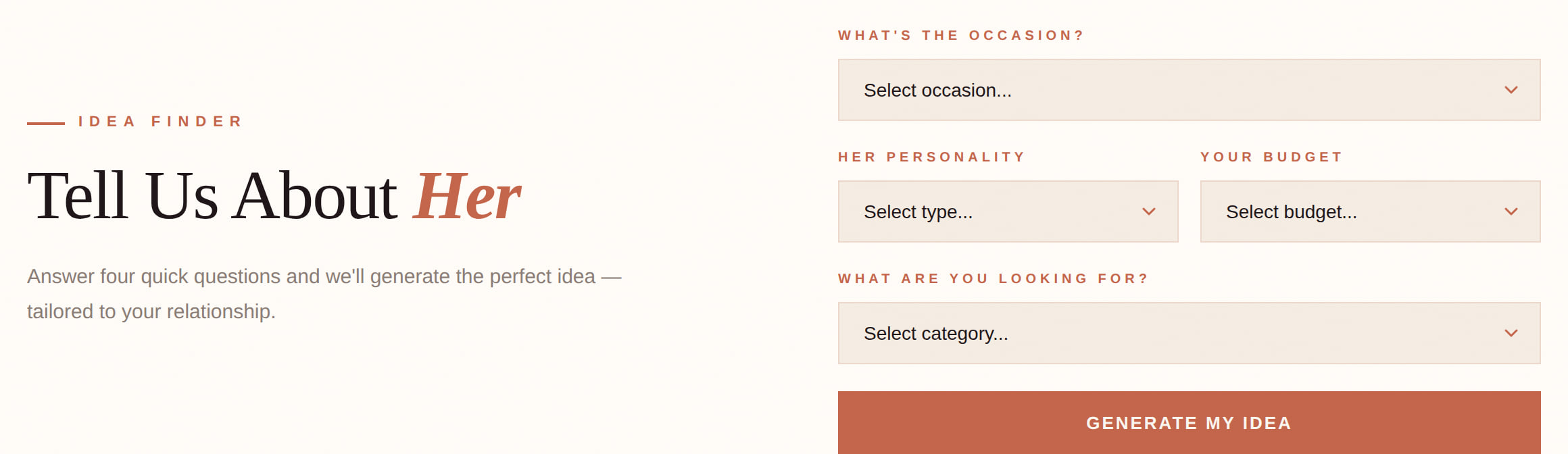 The date planner asking what the occasion is and where you are.